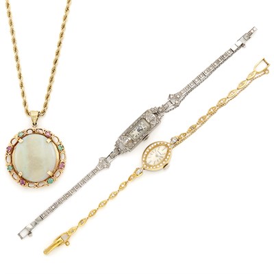 Lot 1468 - Gold, Opal and Gem-Set Pendant and Chain, Gold and Diamond Wristwatch and Art Deco Platinum and Diamond Wristwatch
