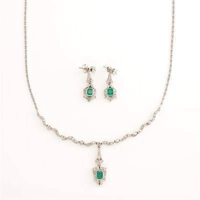 Lot 1870 - White Gold, Emerald and Diamond Necklace and Pair of Pendant-Earrings