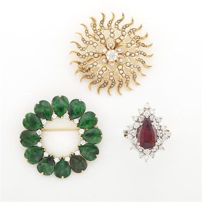 Lot 2018 - Gold, Jade and Diamond Pin, Low Karat Gold, Rubellite and Diamond Ring and Antique Diamond and Split Pearl Starburst Pin