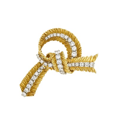 Lot 221 - Gold, Platinum and Diamond Bow Brooch, France