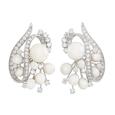 Lot 90 - Pair of Platinum, Freshwater Pearl and Diamond Earclips, Ruser