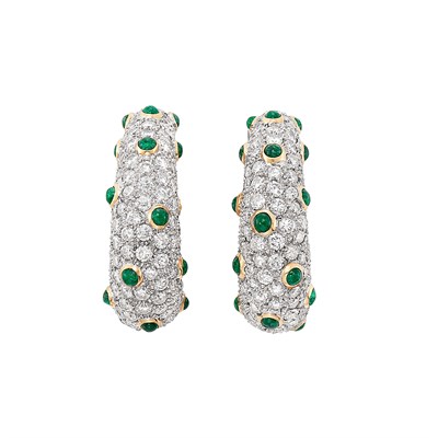 Lot 661 - Pair of Two-Color Gold, Diamond and Cabochon Emerald Hoop Earrings