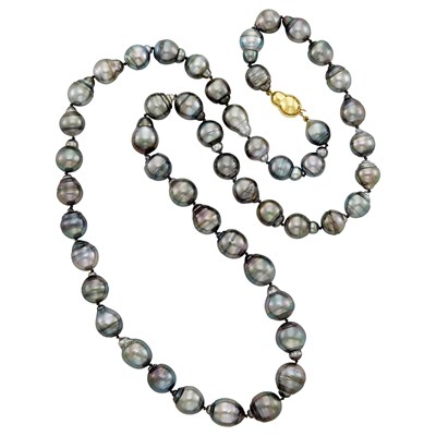Lot 1369 - Long Baroque Tahitian Gray Cultured Pearl Necklace with Gold Clasp