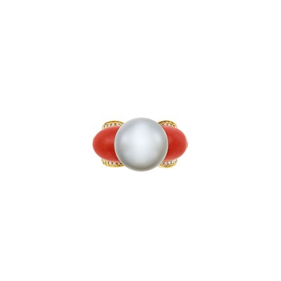 Lot 14 - Gold, Tahitian Gray Cultured Pearl, Coral and Diamond Ring