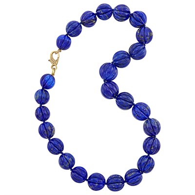 Lot 485 - Fluted Lapis Bead Necklace with Gold and Diamond Clasp, Faraone
