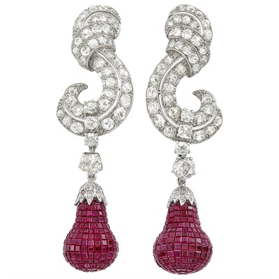 Lot 432 - Pair of Platinum, Diamond and Invisibly-Set Ruby Pendant-Earclips