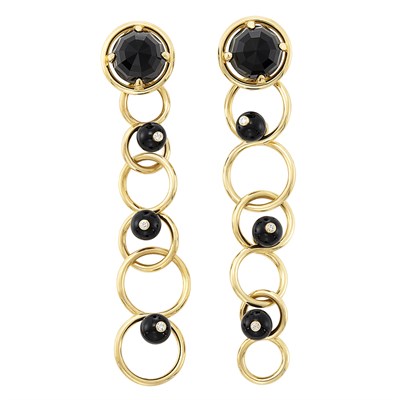 Lot 610 - Pair of Gold, Black Onyx, Black Onyx Bead and Diamond Pendant-Earclips, Aletto Brothers