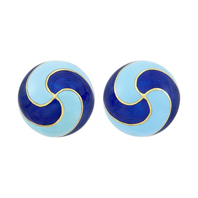 Lot 815 - Pair of Gold and Striped Blue Enamel Earclips