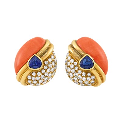 Lot 557 - Pair of Gold, Coral, Sapphire and Diamond Earclips