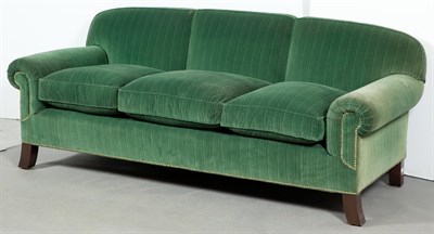 Lot 438 - Green Velvet-Upholstered Three-Cushion Sofa...