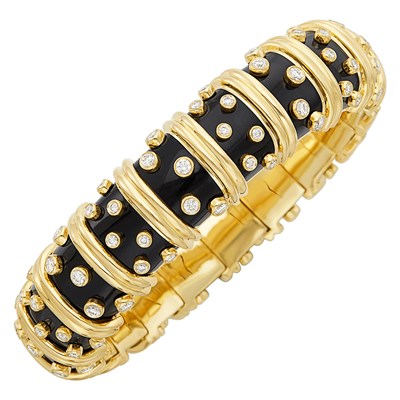 Lot 819 - Gold, Black Paillonné Enamel and Diamond Bangle Bracelet, Tiffany & Co., Schlumberger, France