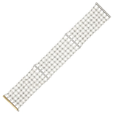 Lot 117 - Multistrand Seed Pearl, Platinum and Diamond Mesh Bracelet