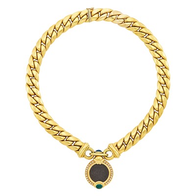 Lot 353 - Gold, Bronze Coin, Cabochon Colored Stone and Diamond Curb Link Pendant-Necklace