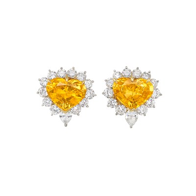 Lot 256 - Pair of Gold, Platinum, Yellow Sapphire and Diamond Earrings