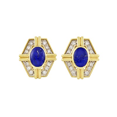 Lot 250 - Pair of Gold, Lapis and Diamond Earclips