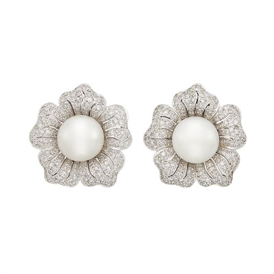Lot 88 - Pair of White Gold, South Sea Cultured Pearl and Diamond Flower Earclips