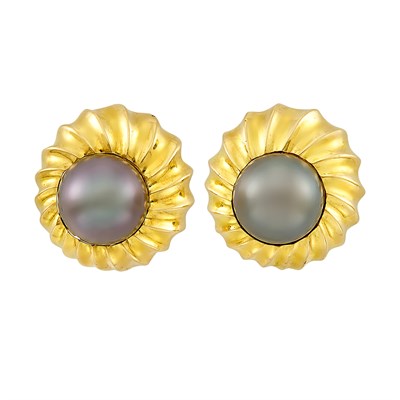 Lot 390 - Pair of Gold and Tahitian Gray Cultured Pearl Earclips