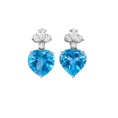 Lot 633 - Pair of Platinum, Diamond and Blue Topaz Pendant-Earrings