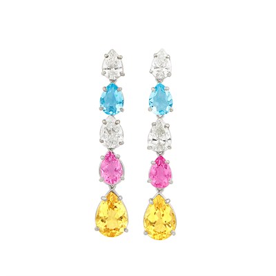 Lot 423 - Pair of Platinum, Diamond and Gem-Set Pendant-Earrings