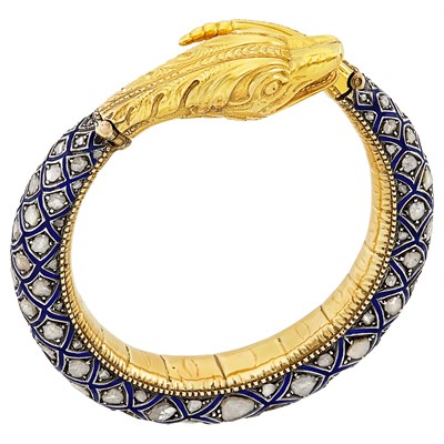 Lot 647 - Gold, Silver, Diamond and Enamel Snake Bangle Bracelet