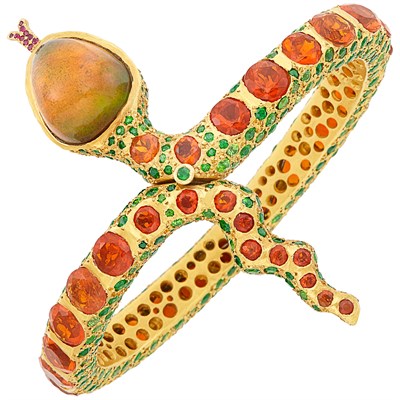Lot 604 - High Karat Gold, Fire Opal and Demantoid Garnet Snake Bangle Bracelet, Tracy Dara Kamenstein