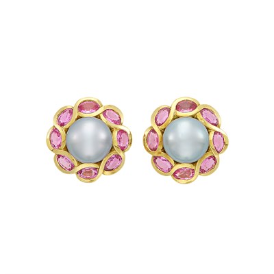 Lot 582 - Pair of Gold, Tahitian Gray Cultured Pearl and Pink Sapphire Earclips