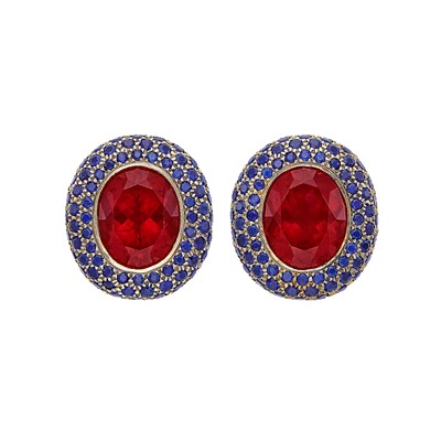 Lot 646 - Pair of White Gold, Rubelite and Sapphire Earclips