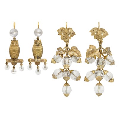 Lot 141 - Two Pairs of Antique Gold, Rock Crystal Bead and Moonstone Pendant-Earrings