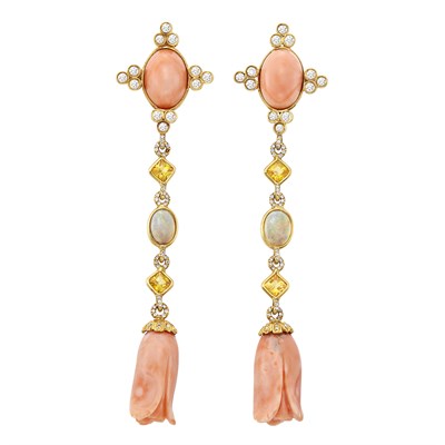 Lot 561 - Pair of Gold, Coral, Yellow Sapphire, Diamond and Opal Pendant-Earrings