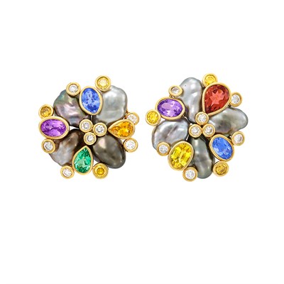 Lot 568 - Pair of Gold, Baroque Gray Cultured Pearl, Diamond, Yellow Diamond and Gem-Set Earrings