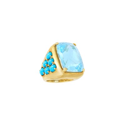 Lot 196 - Gold, Blue Topaz and Turquoise Ring, Peggy Guinness