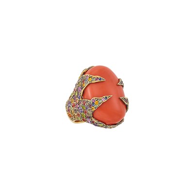 Lot 563 - Gold, Coral, and Multicolored Sapphire Ring
