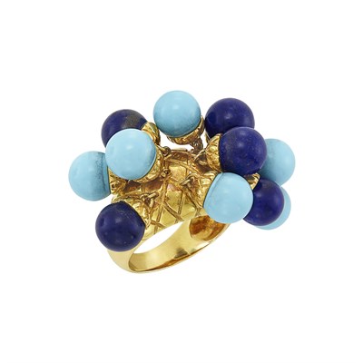 Lot 816 - Gold, Turquoise and Lapis Bead Fringe Ring