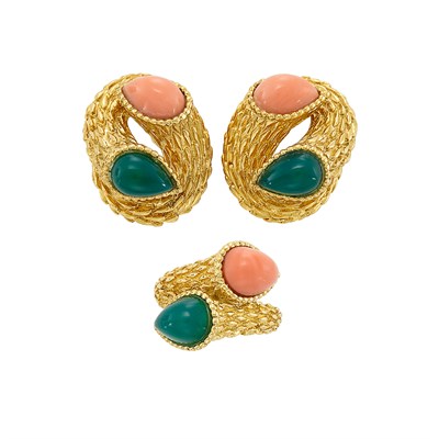 Lot 148 - Pair of Gold, Coral and Green Chrysoprase Cornucopia Earrings, Boucheron, France, and Ring