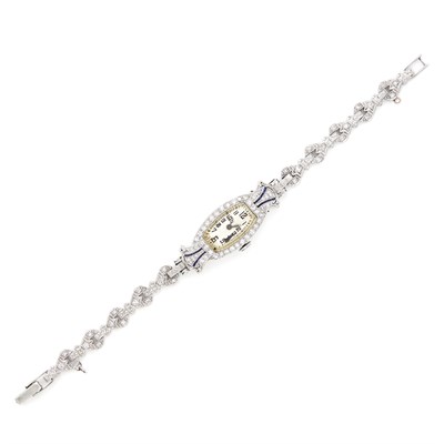 Lot 1270 - Lady's Platinum, Diamond and Synthetic Sapphire Wristwatch