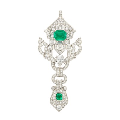 Lot 337 - Platinum, Emerald and Diamond Pendant-Clip