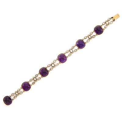 Lot 1236 - Gold, Cabochon Amethyst and Diamond Bracelet