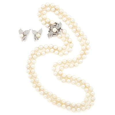 Lot 1267 - Double Strand Cultured Pearl, White Gold and Diamond Necklace and Pair of Earclips