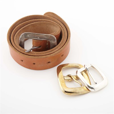 Lot 1770 - Two Sterling Silver Belt Buckles, Linda Lee Johnson, Brass Belt Buckle and Leather Belt