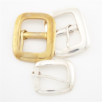 Lot 1756 - Two Sterling Silver Belt Buckles and Brass Belt Buckle, Linda Lee Johnson