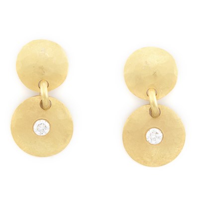 Lot 1712 - Pair of Gold and Diamond Pendant-Earrings, Linda Lee Johnson