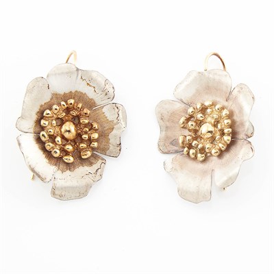 Lot 1773 - Pair of Gold and Silver Flower 'Tiny Fortuna' Earrings, by Linda Lee Johnson
