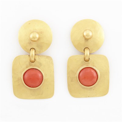 Lot 1719 - Pair of Gold and Coral Pendant-Earrings, Linda Lee Johnson