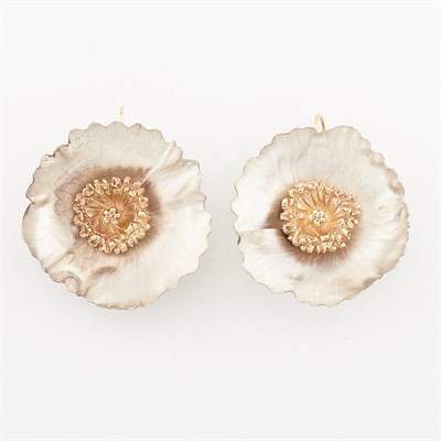 Lot 1775 - Pair of Gold and Silver Flower Earrings, by Linda Lee Johnson