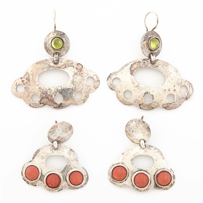 Lot 1779 - Two Pairs of Silver, Cabochon Peridot and Coral Pendant Earrings, Linda Lee Johnson