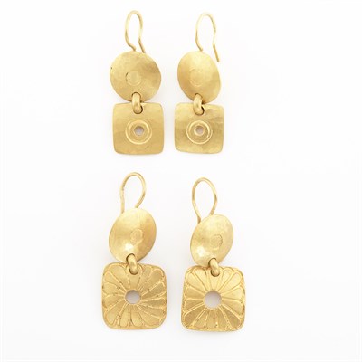 Lot 1715 - Two Pairs of Gold Pendant-Earrings, Linda Lee Johnson