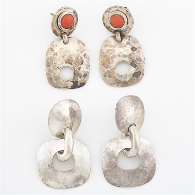 Lot 1782 - Pair of Silver and Coral Pendant-Earrings and Silver 'Benicia' Pendant-Earrings, Linda Lee Johnson