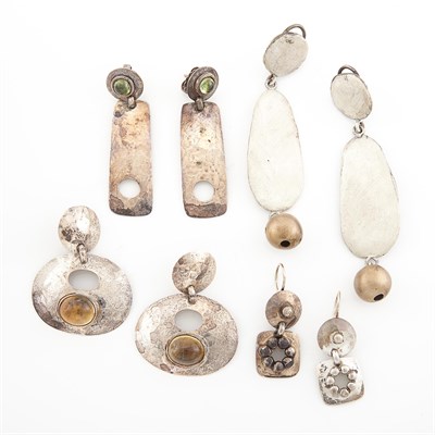 Lot 1783 - Three Pairs Silver and Gem-Set Pendant Earrings and Pair of Silver and Brass Pendant-Earclips, Linda Lee Johnson
