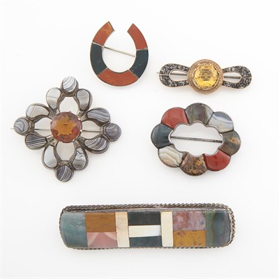 Lot 1790 - Five Silver, Agate and Gem-Set Brooches