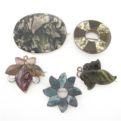 Lot 1793 - Five Silver and Agate Brooches